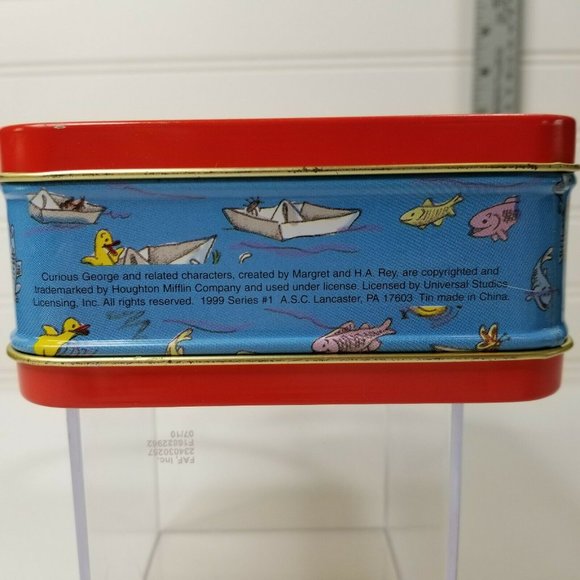Vintage Mini Metal Lunchbox Curious George Fishing Theme Case Woven Handle - Picture 7 of 10
